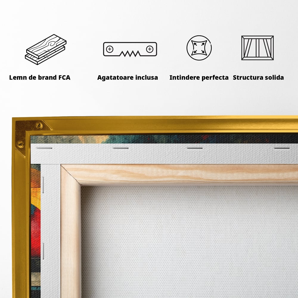 Tablou Canvas Premium, LuxCanva® C1286, Cosmologii Urbane, Geometrie, Culori, Abstract, Cercuri, Arc, Rosu, Foc, Jar, Industrial, Ocru, Contrast, Echilibru, Modern, Birou, Living, Dormitor