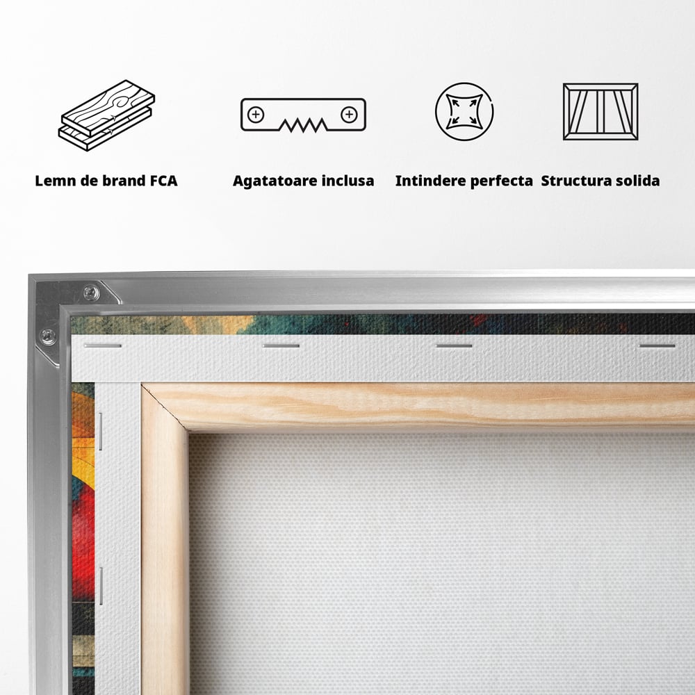 Tablou Canvas Premium, LuxCanva® C1286, Cosmologii Urbane, Geometrie, Culori, Abstract, Cercuri, Arc, Rosu, Foc, Jar, Industrial, Ocru, Contrast, Echilibru, Modern, Birou, Living, Dormitor
