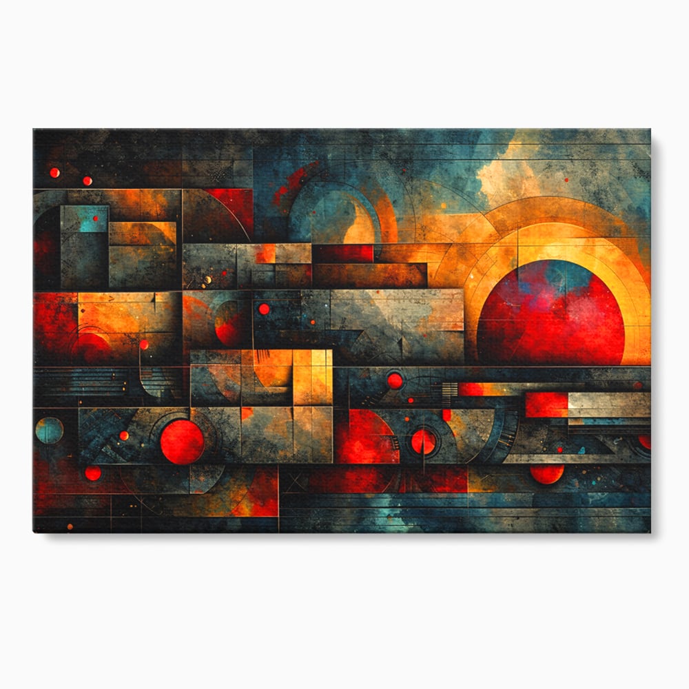 Tablou Canvas Premium, LuxCanva® C1286, Cosmologii Urbane, Geometrie, Culori, Abstract, Cercuri, Arc, Rosu, Foc, Jar, Industrial, Ocru, Contrast, Echilibru, Modern, Birou, Living, Dormitor