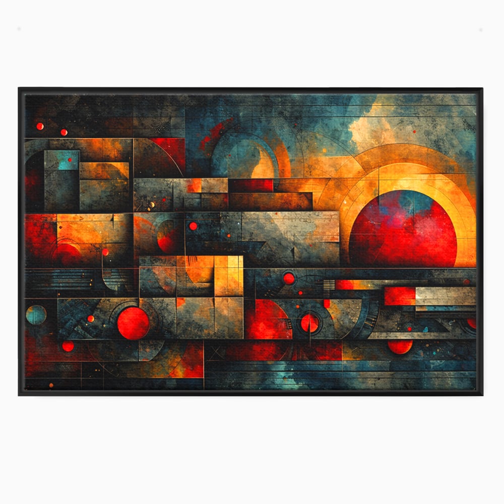 Tablou Canvas Premium, LuxCanva® C1286, Cosmologii Urbane, Geometrie, Culori, Abstract, Cercuri, Arc, Rosu, Foc, Jar, Industrial, Ocru, Contrast, Echilibru, Modern, Birou, Living, Dormitor