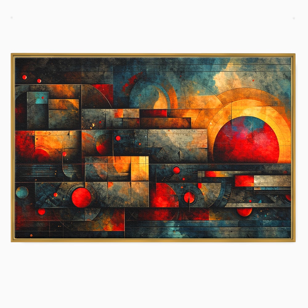 Tablou Canvas Premium, LuxCanva® C1286, Cosmologii Urbane, Geometrie, Culori, Abstract, Cercuri, Arc, Rosu, Foc, Jar, Industrial, Ocru, Contrast, Echilibru, Modern, Birou, Living, Dormitor