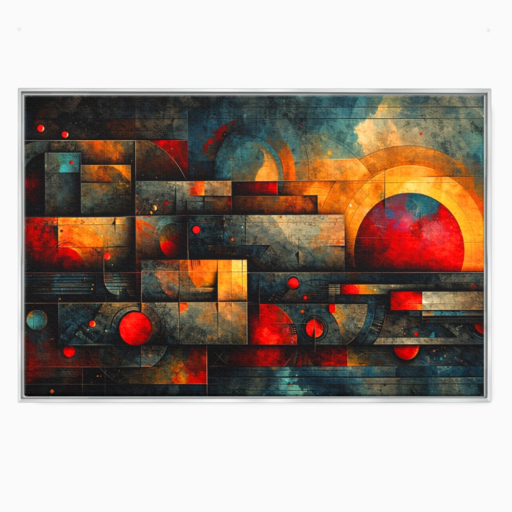 Tablou Canvas Premium, LuxCanva® C1286, Cosmologii Urbane, Geometrie, Culori, Abstract, Cercuri, Arc, Rosu, Foc, Jar, Industrial, Ocru, Contrast, Echilibru, Modern, Birou, Living, Dormitor