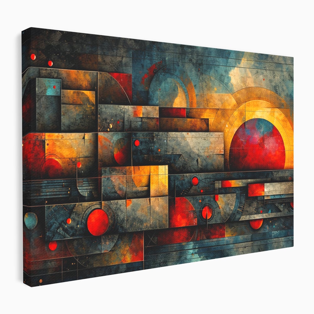 Tablou Canvas Premium, LuxCanva® C1286, Cosmologii Urbane, Geometrie, Culori, Abstract, Cercuri, Arc, Rosu, Foc, Jar, Industrial, Ocru, Contrast, Echilibru, Modern, Birou, Living, Dormitor