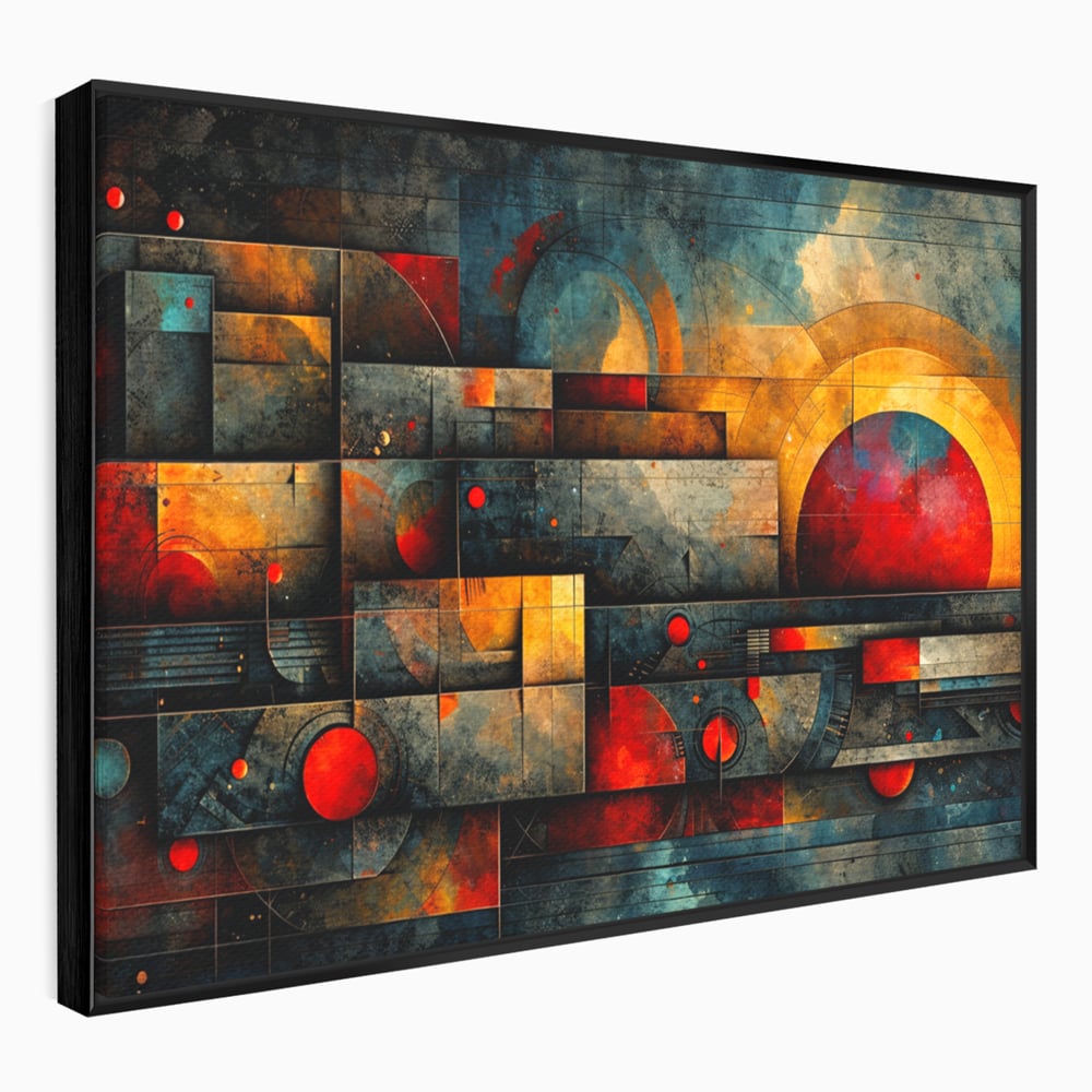 Tablou Canvas Premium, LuxCanva® C1286, Cosmologii Urbane, Geometrie, Culori, Abstract, Cercuri, Arc, Rosu, Foc, Jar, Industrial, Ocru, Contrast, Echilibru, Modern, Birou, Living, Dormitor