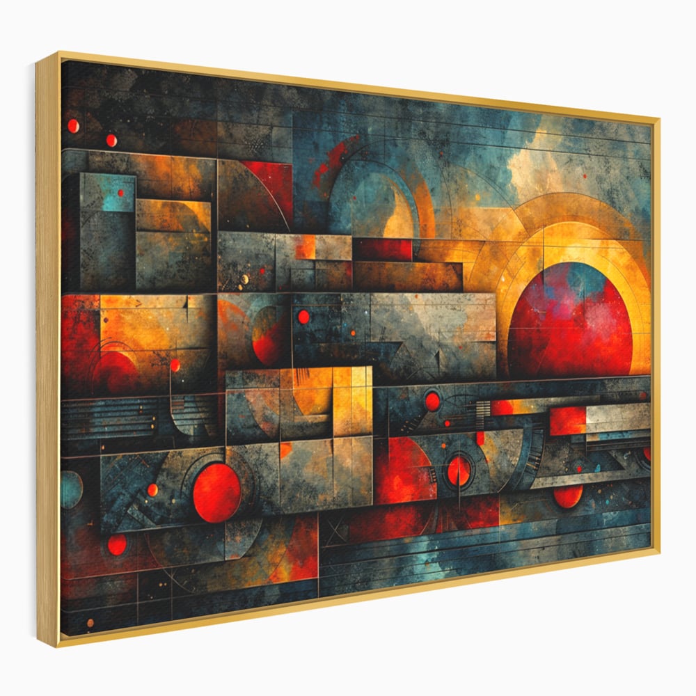 Tablou Canvas Premium, LuxCanva® C1286, Cosmologii Urbane, Geometrie, Culori, Abstract, Cercuri, Arc, Rosu, Foc, Jar, Industrial, Ocru, Contrast, Echilibru, Modern, Birou, Living, Dormitor