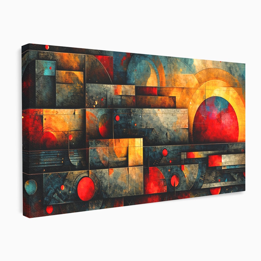Tablou Canvas Premium, LuxCanva® C1286, Cosmologii Urbane, Geometrie, Culori, Abstract, Cercuri, Arc, Rosu, Foc, Jar, Industrial, Ocru, Contrast, Echilibru, Modern, Birou, Living, Dormitor