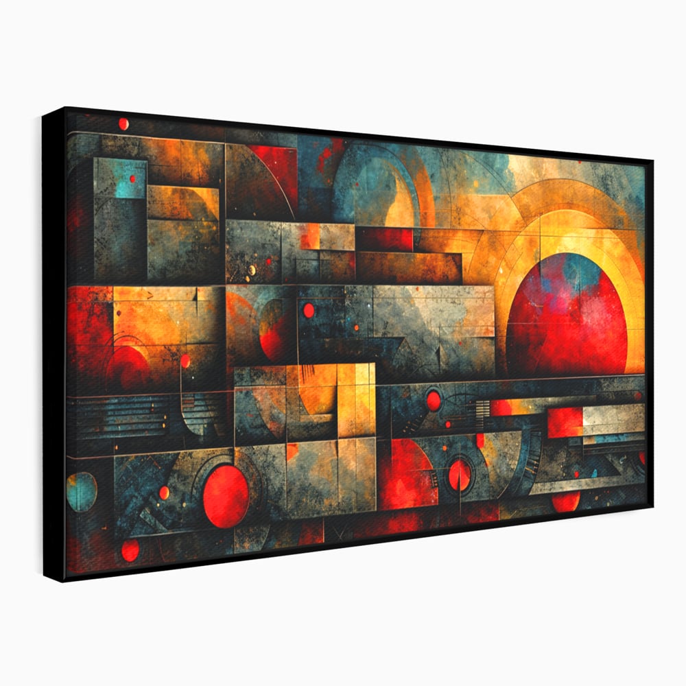 Tablou Canvas Premium, LuxCanva® C1286, Cosmologii Urbane, Geometrie, Culori, Abstract, Cercuri, Arc, Rosu, Foc, Jar, Industrial, Ocru, Contrast, Echilibru, Modern, Birou, Living, Dormitor