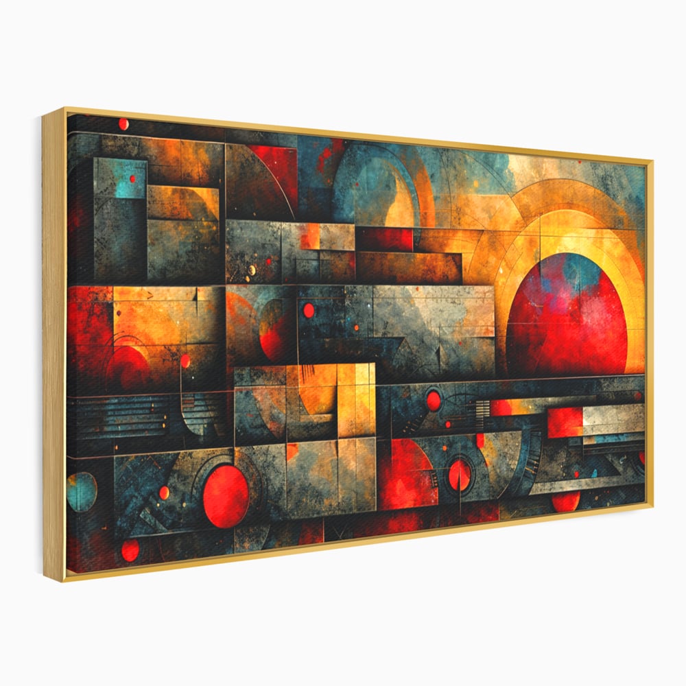 Tablou Canvas Premium, LuxCanva® C1286, Cosmologii Urbane, Geometrie, Culori, Abstract, Cercuri, Arc, Rosu, Foc, Jar, Industrial, Ocru, Contrast, Echilibru, Modern, Birou, Living, Dormitor