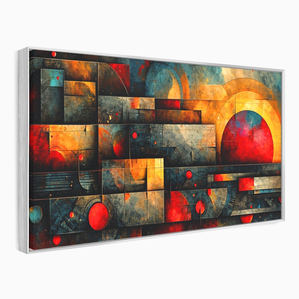 Tablou Canvas Premium, LuxCanva® C1286, Cosmologii Urbane, Geometrie, Culori, Abstract, Cercuri, Arc, Rosu, Foc, Jar, Industrial, Ocru, Contrast, Echilibru, Modern, Birou, Living, Dormitor