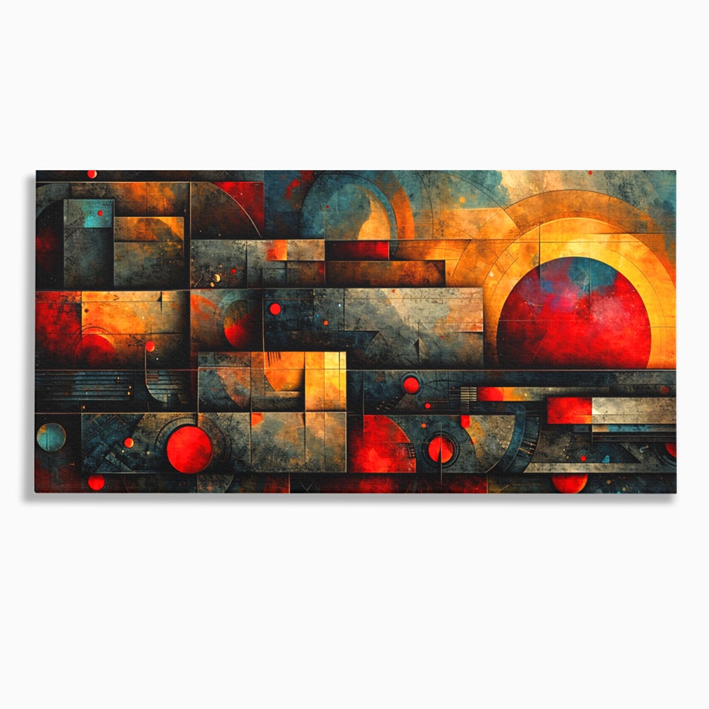 Tablou Canvas Premium, LuxCanva® C1286, Cosmologii Urbane, Geometrie, Culori, Abstract, Cercuri, Arc, Rosu, Foc, Jar, Industrial, Ocru, Contrast, Echilibru, Modern, Birou, Living, Dormitor