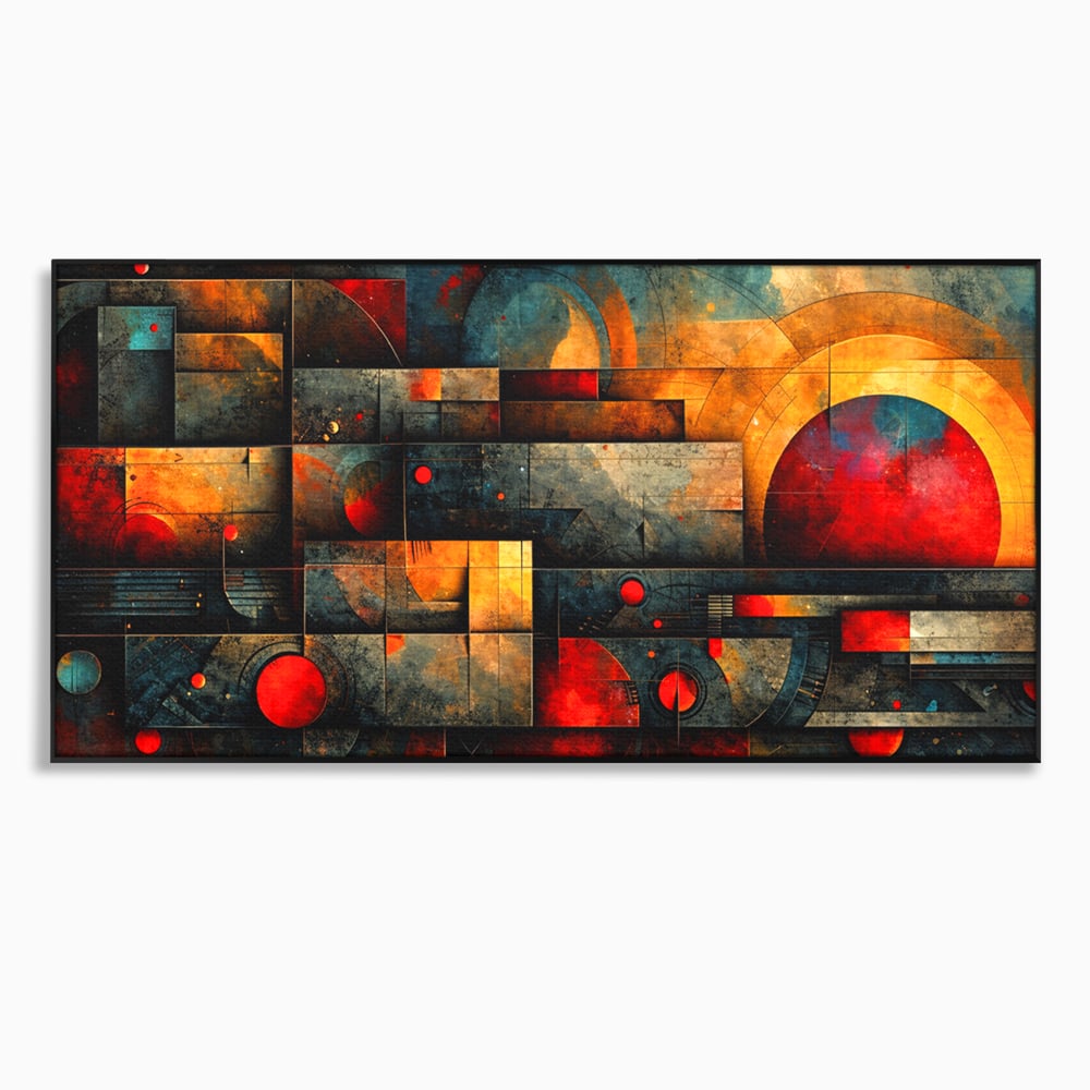 Tablou Canvas Premium, LuxCanva® C1286, Cosmologii Urbane, Geometrie, Culori, Abstract, Cercuri, Arc, Rosu, Foc, Jar, Industrial, Ocru, Contrast, Echilibru, Modern, Birou, Living, Dormitor