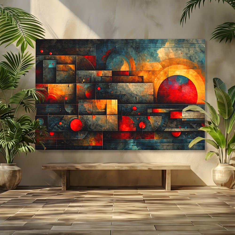 Tablou Canvas Premium, LuxCanva® C1286, Cosmologii Urbane, Geometrie, Culori, Abstract, Cercuri, Arc, Rosu, Foc, Jar, Industrial, Ocru, Contrast, Echilibru, Modern, Birou, Living, Dormitor