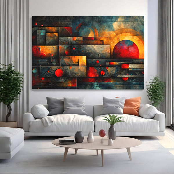 Tablou Canvas Premium, LuxCanva® C1286, Cosmologii Urbane, Geometrie, Culori, Abstract, Cercuri, Arc, Rosu, Foc, Jar, Industrial, Ocru, Contrast, Echilibru, Modern, Birou, Living, Dormitor