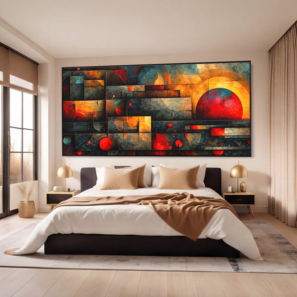 Tablou Canvas Premium, LuxCanva® C1286, Cosmologii Urbane, Geometrie, Culori, Abstract, Cercuri, Arc, Rosu, Foc, Jar, Industrial, Ocru, Contrast, Echilibru, Modern, Birou, Living, Dormitor
