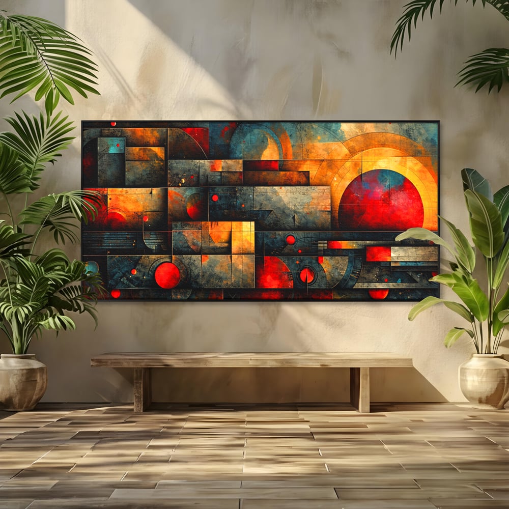 Tablou Canvas Premium, LuxCanva® C1286, Cosmologii Urbane, Geometrie, Culori, Abstract, Cercuri, Arc, Rosu, Foc, Jar, Industrial, Ocru, Contrast, Echilibru, Modern, Birou, Living, Dormitor