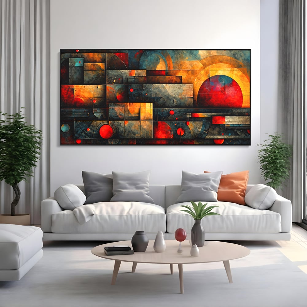 Tablou Canvas Premium, LuxCanva® C1286, Cosmologii Urbane, Geometrie, Culori, Abstract, Cercuri, Arc, Rosu, Foc, Jar, Industrial, Ocru, Contrast, Echilibru, Modern, Birou, Living, Dormitor