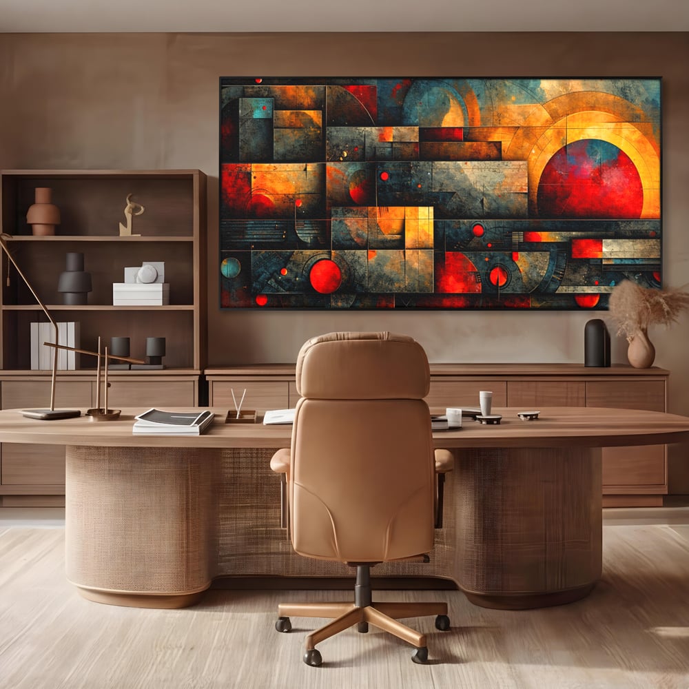 Tablou Canvas Premium, LuxCanva® C1286, Cosmologii Urbane, Geometrie, Culori, Abstract, Cercuri, Arc, Rosu, Foc, Jar, Industrial, Ocru, Contrast, Echilibru, Modern, Birou, Living, Dormitor