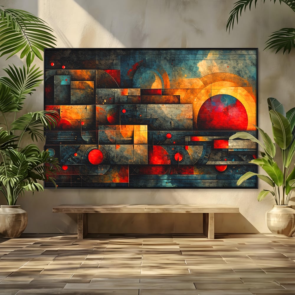 Tablou Canvas Premium, LuxCanva® C1286, Cosmologii Urbane, Geometrie, Culori, Abstract, Cercuri, Arc, Rosu, Foc, Jar, Industrial, Ocru, Contrast, Echilibru, Modern, Birou, Living, Dormitor