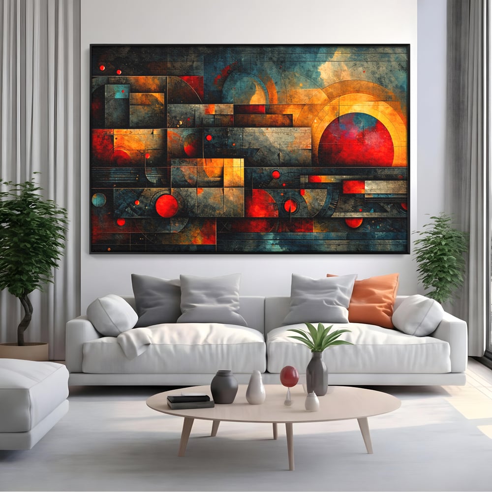 Tablou Canvas Premium, LuxCanva® C1286, Cosmologii Urbane, Geometrie, Culori, Abstract, Cercuri, Arc, Rosu, Foc, Jar, Industrial, Ocru, Contrast, Echilibru, Modern, Birou, Living, Dormitor