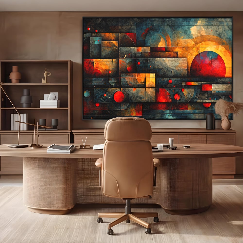 Tablou Canvas Premium, LuxCanva® C1286, Cosmologii Urbane, Geometrie, Culori, Abstract, Cercuri, Arc, Rosu, Foc, Jar, Industrial, Ocru, Contrast, Echilibru, Modern, Birou, Living, Dormitor