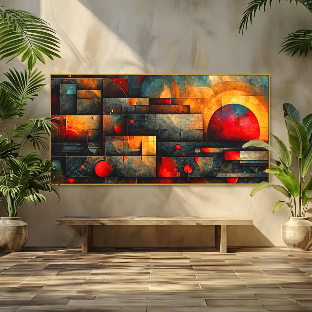 Tablou Canvas Premium, LuxCanva® C1286, Cosmologii Urbane, Geometrie, Culori, Abstract, Cercuri, Arc, Rosu, Foc, Jar, Industrial, Ocru, Contrast, Echilibru, Modern, Birou, Living, Dormitor