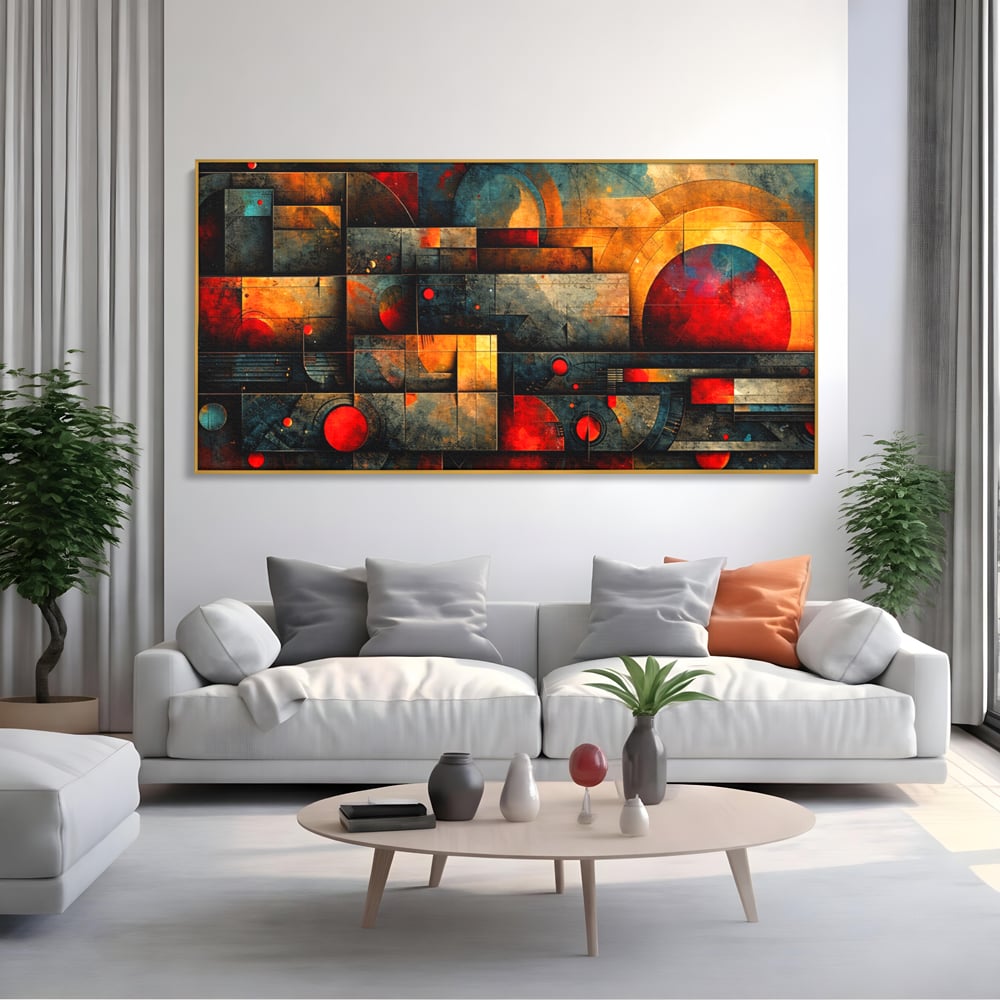 Tablou Canvas Premium, LuxCanva® C1286, Cosmologii Urbane, Geometrie, Culori, Abstract, Cercuri, Arc, Rosu, Foc, Jar, Industrial, Ocru, Contrast, Echilibru, Modern, Birou, Living, Dormitor