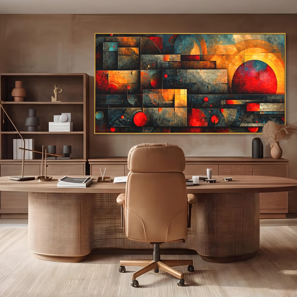 Tablou Canvas Premium, LuxCanva® C1286, Cosmologii Urbane, Geometrie, Culori, Abstract, Cercuri, Arc, Rosu, Foc, Jar, Industrial, Ocru, Contrast, Echilibru, Modern, Birou, Living, Dormitor