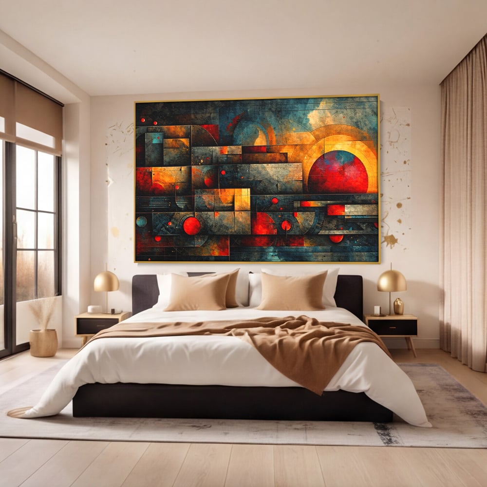 Tablou Canvas Premium, LuxCanva® C1286, Cosmologii Urbane, Geometrie, Culori, Abstract, Cercuri, Arc, Rosu, Foc, Jar, Industrial, Ocru, Contrast, Echilibru, Modern, Birou, Living, Dormitor