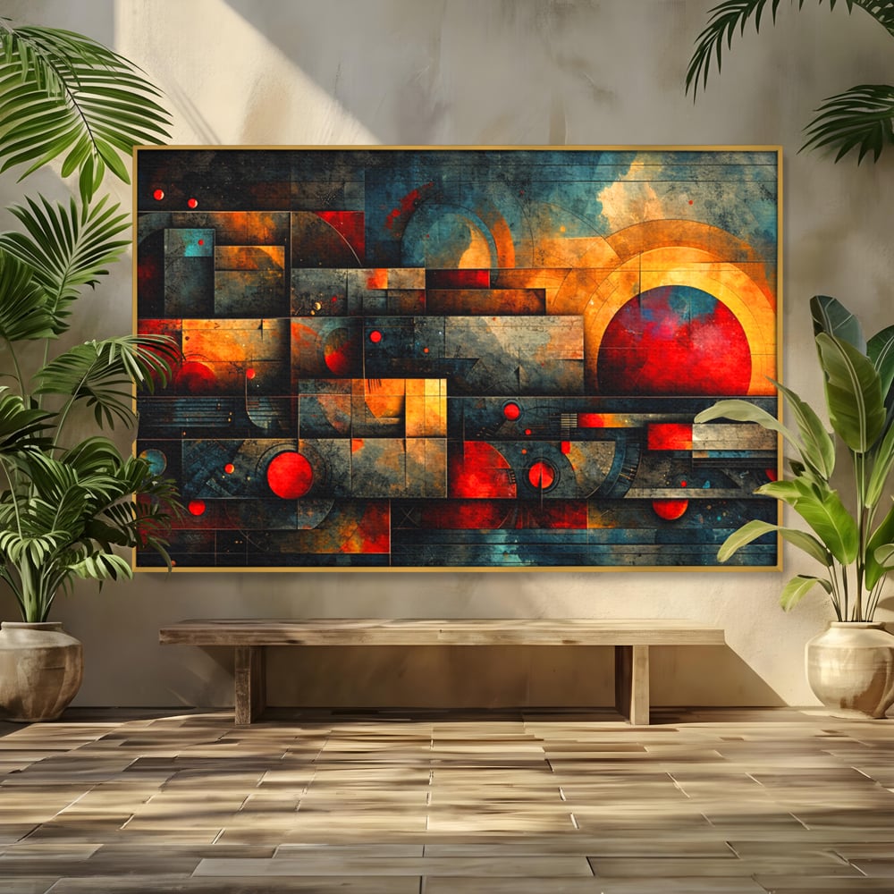 Tablou Canvas Premium, LuxCanva® C1286, Cosmologii Urbane, Geometrie, Culori, Abstract, Cercuri, Arc, Rosu, Foc, Jar, Industrial, Ocru, Contrast, Echilibru, Modern, Birou, Living, Dormitor