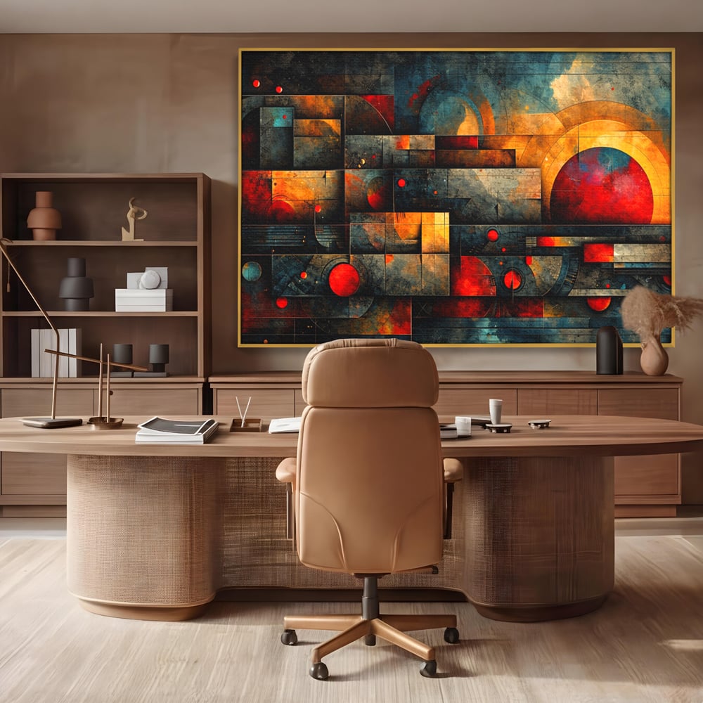Tablou Canvas Premium, LuxCanva® C1286, Cosmologii Urbane, Geometrie, Culori, Abstract, Cercuri, Arc, Rosu, Foc, Jar, Industrial, Ocru, Contrast, Echilibru, Modern, Birou, Living, Dormitor
