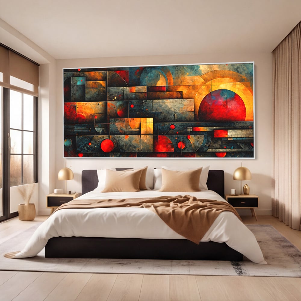 Tablou Canvas Premium, LuxCanva® C1286, Cosmologii Urbane, Geometrie, Culori, Abstract, Cercuri, Arc, Rosu, Foc, Jar, Industrial, Ocru, Contrast, Echilibru, Modern, Birou, Living, Dormitor