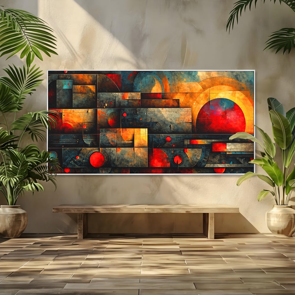 Tablou Canvas Premium, LuxCanva® C1286, Cosmologii Urbane, Geometrie, Culori, Abstract, Cercuri, Arc, Rosu, Foc, Jar, Industrial, Ocru, Contrast, Echilibru, Modern, Birou, Living, Dormitor