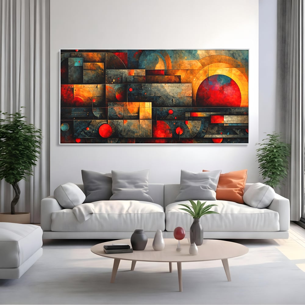 Tablou Canvas Premium, LuxCanva® C1286, Cosmologii Urbane, Geometrie, Culori, Abstract, Cercuri, Arc, Rosu, Foc, Jar, Industrial, Ocru, Contrast, Echilibru, Modern, Birou, Living, Dormitor