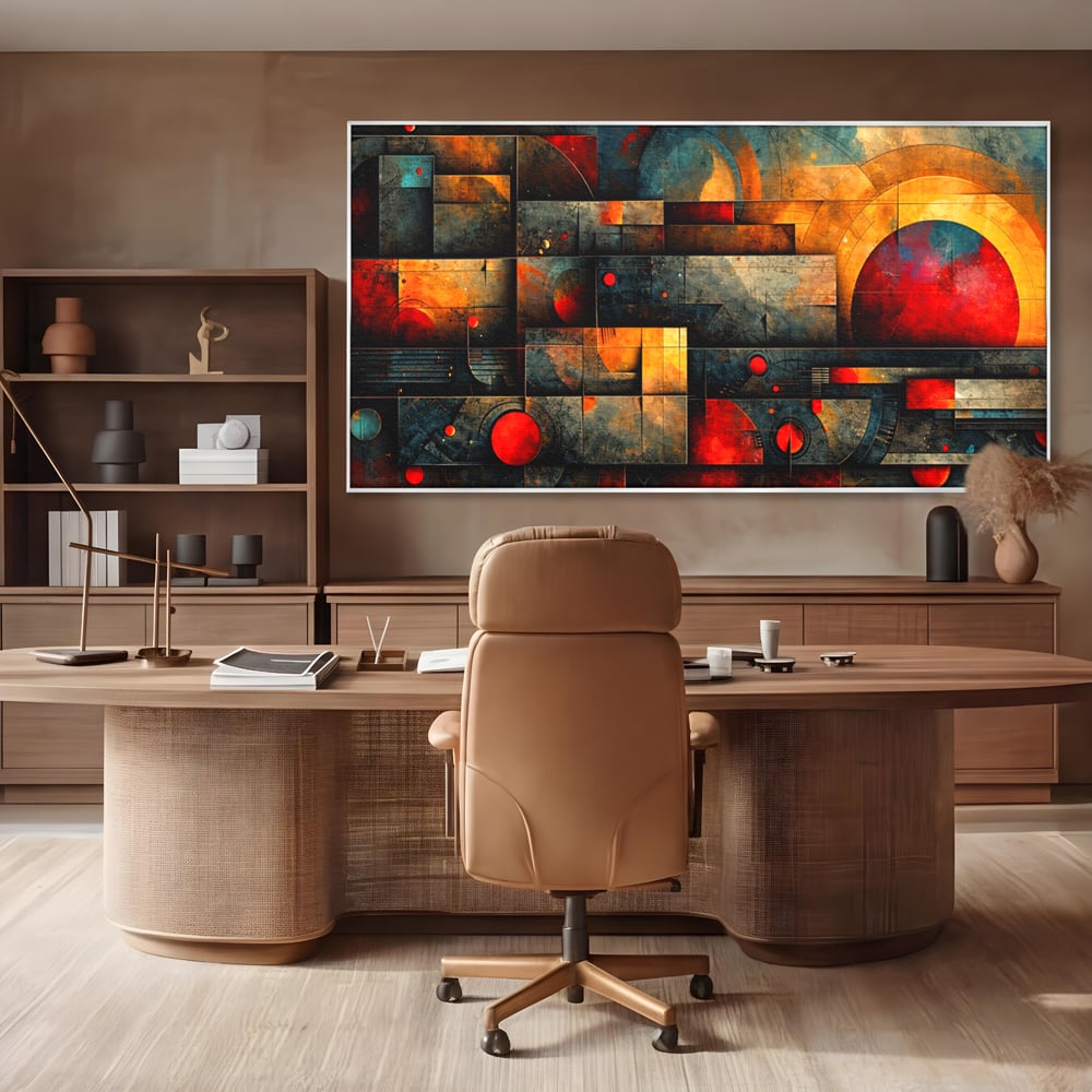 Tablou Canvas Premium, LuxCanva® C1286, Cosmologii Urbane, Geometrie, Culori, Abstract, Cercuri, Arc, Rosu, Foc, Jar, Industrial, Ocru, Contrast, Echilibru, Modern, Birou, Living, Dormitor