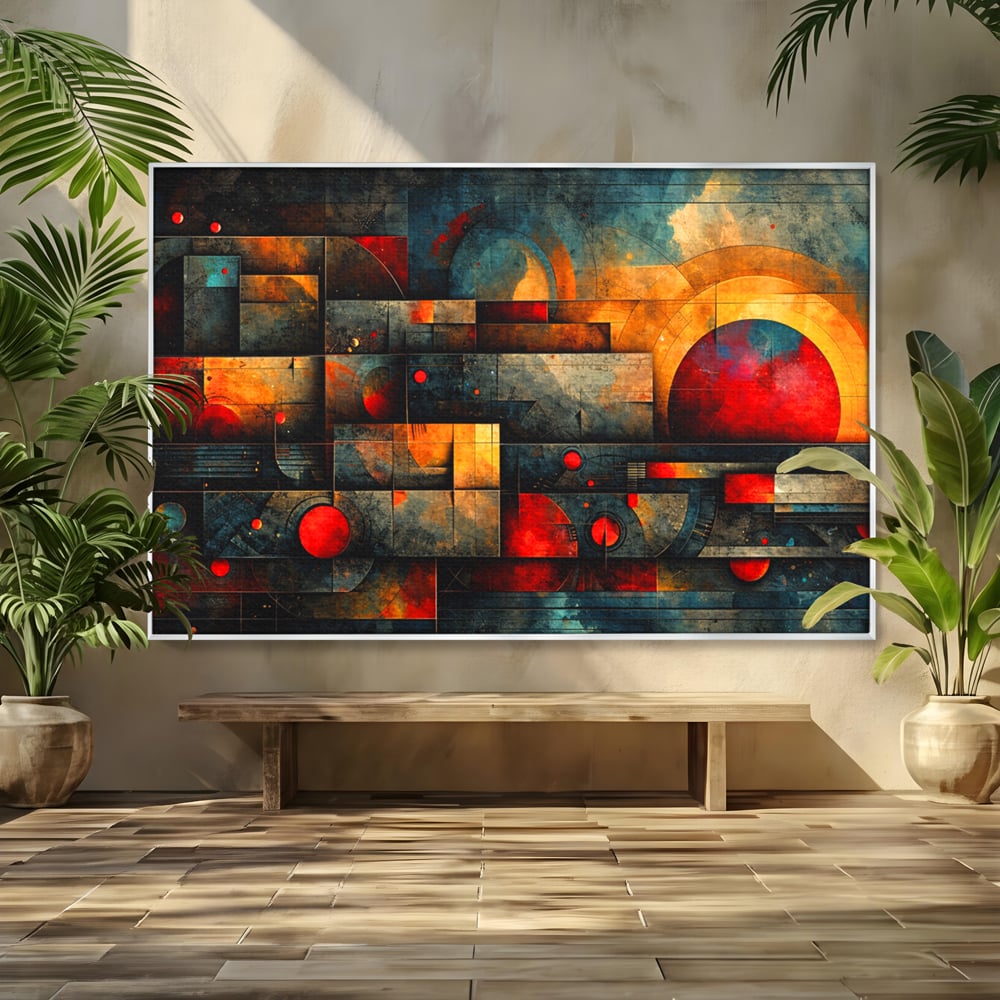 Tablou Canvas Premium, LuxCanva® C1286, Cosmologii Urbane, Geometrie, Culori, Abstract, Cercuri, Arc, Rosu, Foc, Jar, Industrial, Ocru, Contrast, Echilibru, Modern, Birou, Living, Dormitor