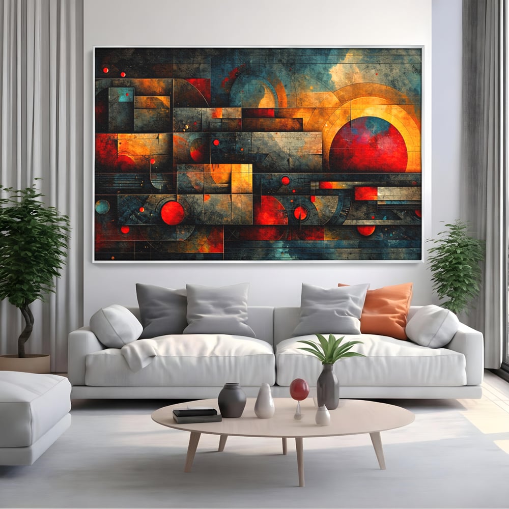Tablou Canvas Premium, LuxCanva® C1286, Cosmologii Urbane, Geometrie, Culori, Abstract, Cercuri, Arc, Rosu, Foc, Jar, Industrial, Ocru, Contrast, Echilibru, Modern, Birou, Living, Dormitor