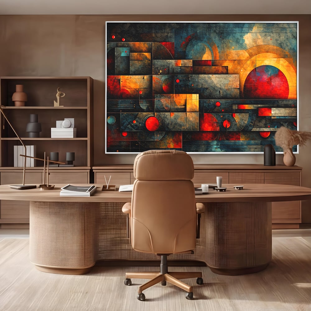 Tablou Canvas Premium, LuxCanva® C1286, Cosmologii Urbane, Geometrie, Culori, Abstract, Cercuri, Arc, Rosu, Foc, Jar, Industrial, Ocru, Contrast, Echilibru, Modern, Birou, Living, Dormitor