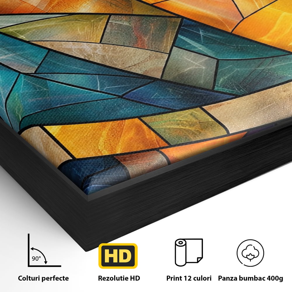 Canvas Wall Art Premium, LuxCanva® C1287, Interieur Glasmalerei, Geometrie, Farben, abstrakt, Mosaik, Glasmalerei, flüssig, Licht, Bogen, Welle, transparent, Harmonie, ausdrucksstark, fließen, Büro, Wohnen, Schlafzimmer