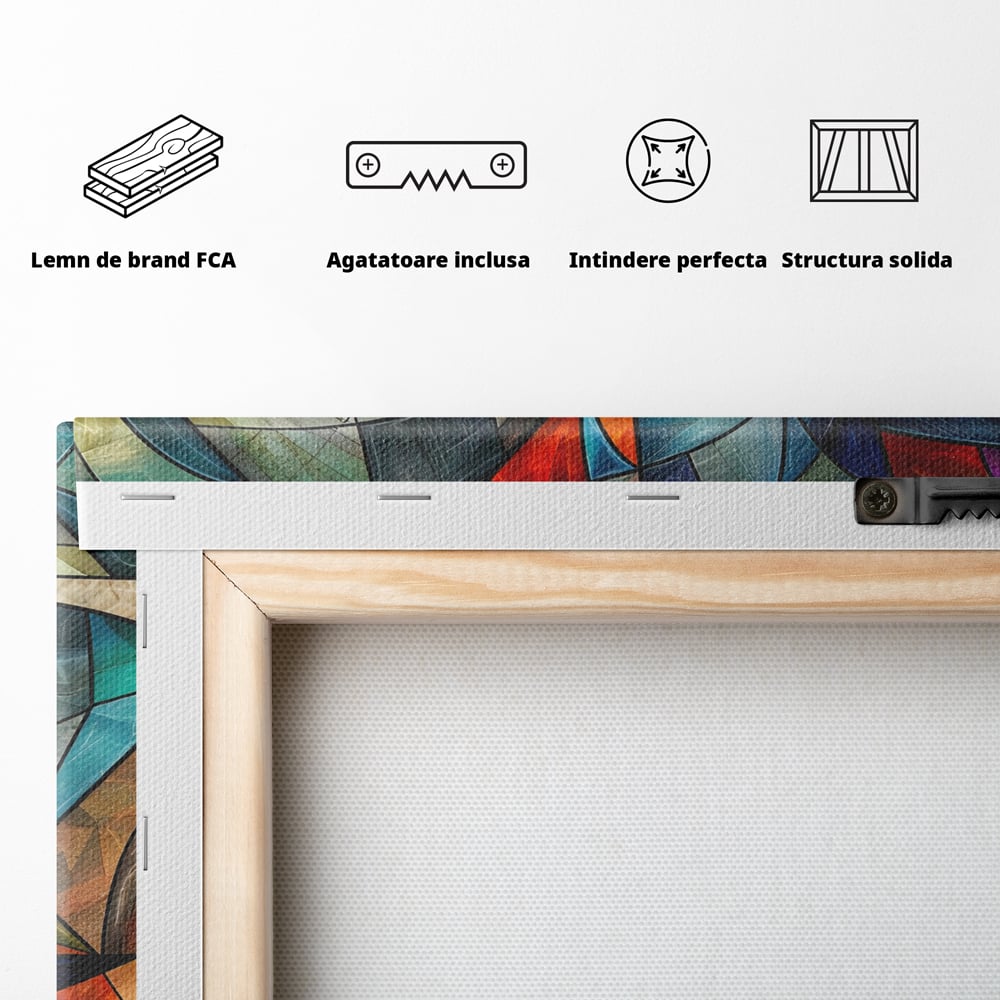 Canvas Wall Art Premium, LuxCanva® C1287, Interieur Glasmalerei, Geometrie, Farben, abstrakt, Mosaik, Glasmalerei, flüssig, Licht, Bogen, Welle, transparent, Harmonie, ausdrucksstark, fließen, Büro, Wohnen, Schlafzimmer