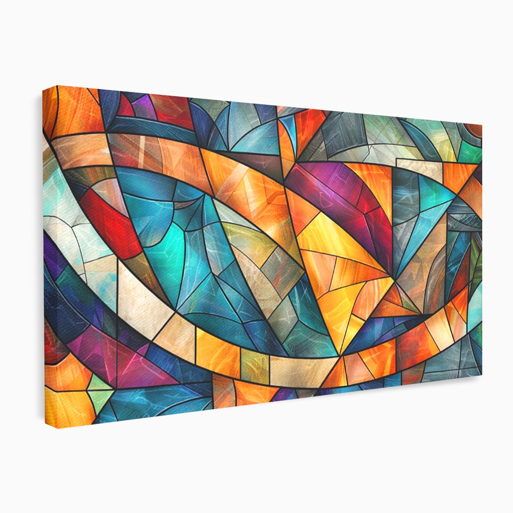 Canvas Wall Art Premium, LuxCanva® C1287, Interieur Glasmalerei, Geometrie, Farben, abstrakt, Mosaik, Glasmalerei, flüssig, Licht, Bogen, Welle, transparent, Harmonie, ausdrucksstark, fließen, Büro, Wohnen, Schlafzimmer