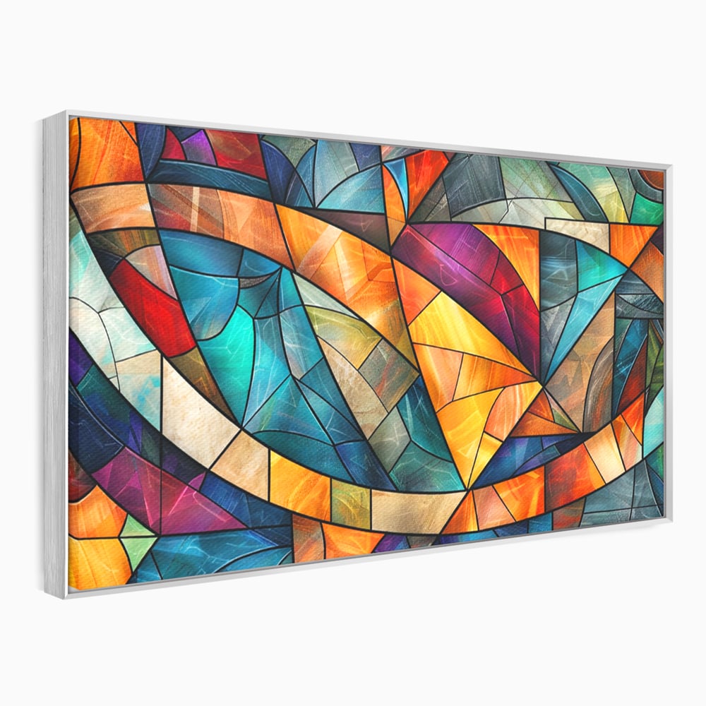Canvas Wall Art Premium, LuxCanva® C1287, Interieur Glasmalerei, Geometrie, Farben, abstrakt, Mosaik, Glasmalerei, flüssig, Licht, Bogen, Welle, transparent, Harmonie, ausdrucksstark, fließen, Büro, Wohnen, Schlafzimmer