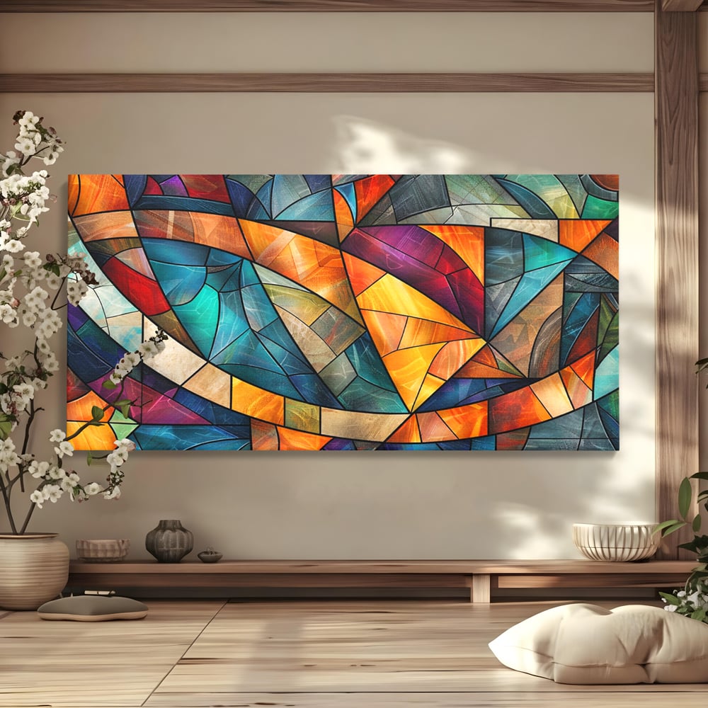Canvas Wall Art Premium, LuxCanva® C1287, Interieur Glasmalerei, Geometrie, Farben, abstrakt, Mosaik, Glasmalerei, flüssig, Licht, Bogen, Welle, transparent, Harmonie, ausdrucksstark, fließen, Büro, Wohnen, Schlafzimmer