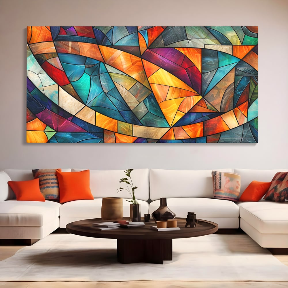 Canvas Wall Art Premium, LuxCanva® C1287, Interieur Glasmalerei, Geometrie, Farben, abstrakt, Mosaik, Glasmalerei, flüssig, Licht, Bogen, Welle, transparent, Harmonie, ausdrucksstark, fließen, Büro, Wohnen, Schlafzimmer
