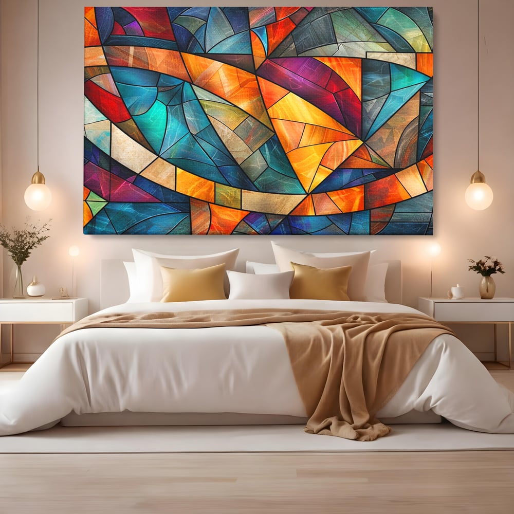 Canvas Wall Art Premium, LuxCanva® C1287, Interieur Glasmalerei, Geometrie, Farben, abstrakt, Mosaik, Glasmalerei, flüssig, Licht, Bogen, Welle, transparent, Harmonie, ausdrucksstark, fließen, Büro, Wohnen, Schlafzimmer