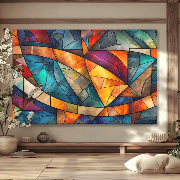 Canvas Wall Art Premium, LuxCanva® C1287, Interieur Glasmalerei, Geometrie, Farben, abstrakt, Mosaik, Glasmalerei, flüssig, Licht, Bogen, Welle, transparent, Harmonie, ausdrucksstark, fließen, Büro, Wohnen, Schlafzimmer