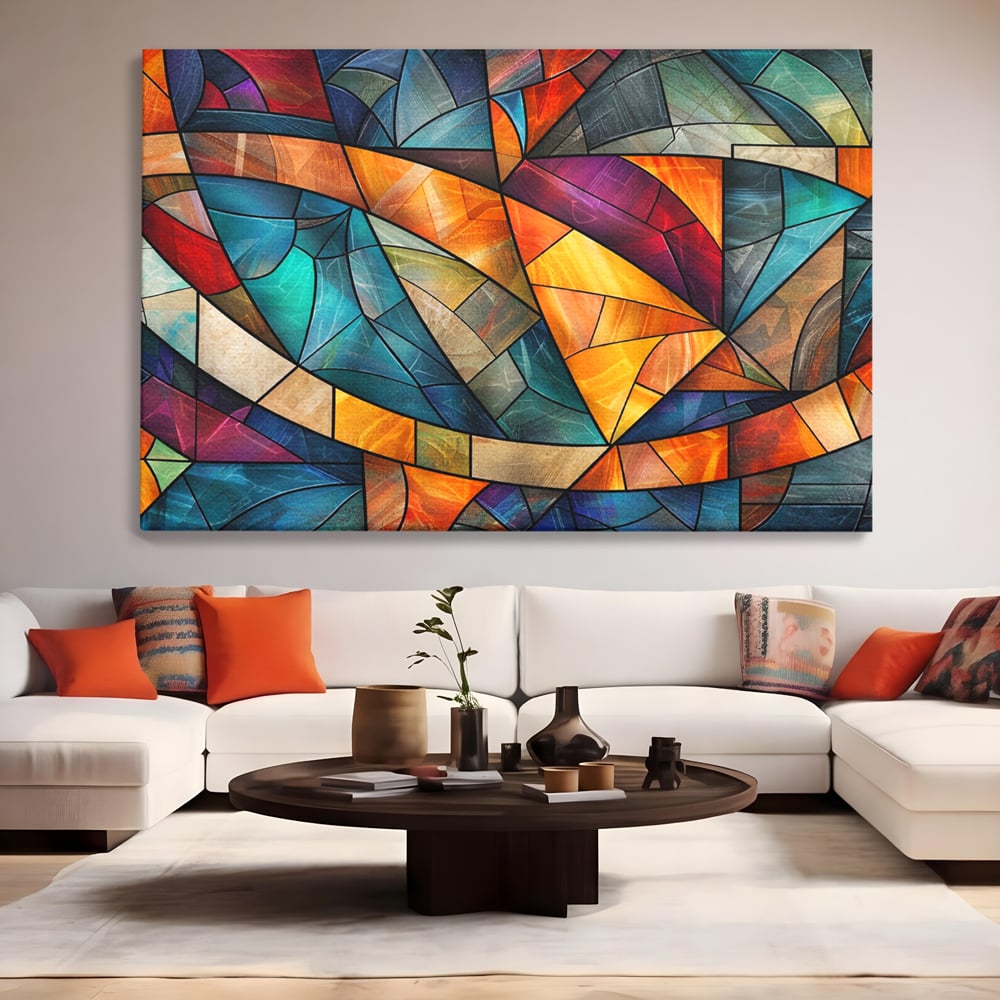 Canvas Wall Art Premium, LuxCanva® C1287, Interieur Glasmalerei, Geometrie, Farben, abstrakt, Mosaik, Glasmalerei, flüssig, Licht, Bogen, Welle, transparent, Harmonie, ausdrucksstark, fließen, Büro, Wohnen, Schlafzimmer