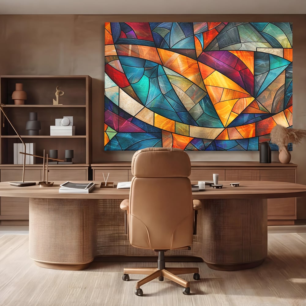 Canvas Wall Art Premium, LuxCanva® C1287, Interieur Glasmalerei, Geometrie, Farben, abstrakt, Mosaik, Glasmalerei, flüssig, Licht, Bogen, Welle, transparent, Harmonie, ausdrucksstark, fließen, Büro, Wohnen, Schlafzimmer