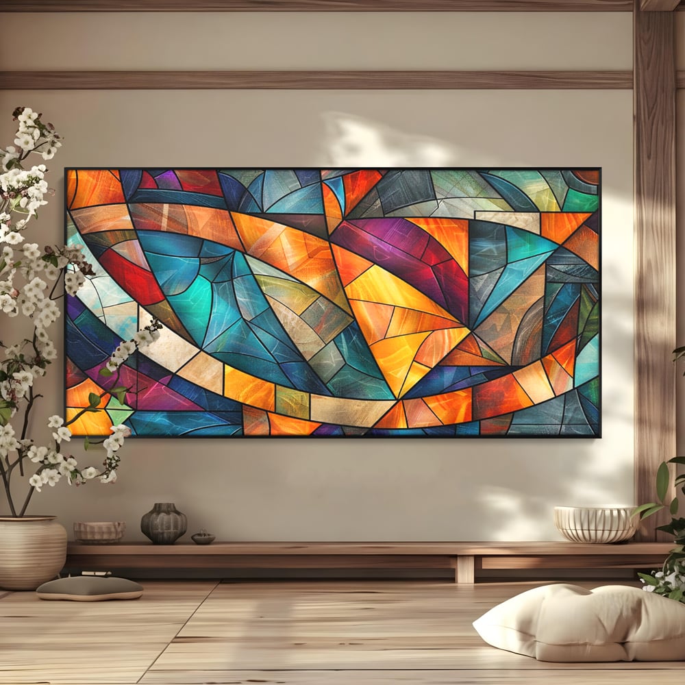 Canvas Wall Art Premium, LuxCanva® C1287, Interieur Glasmalerei, Geometrie, Farben, abstrakt, Mosaik, Glasmalerei, flüssig, Licht, Bogen, Welle, transparent, Harmonie, ausdrucksstark, fließen, Büro, Wohnen, Schlafzimmer