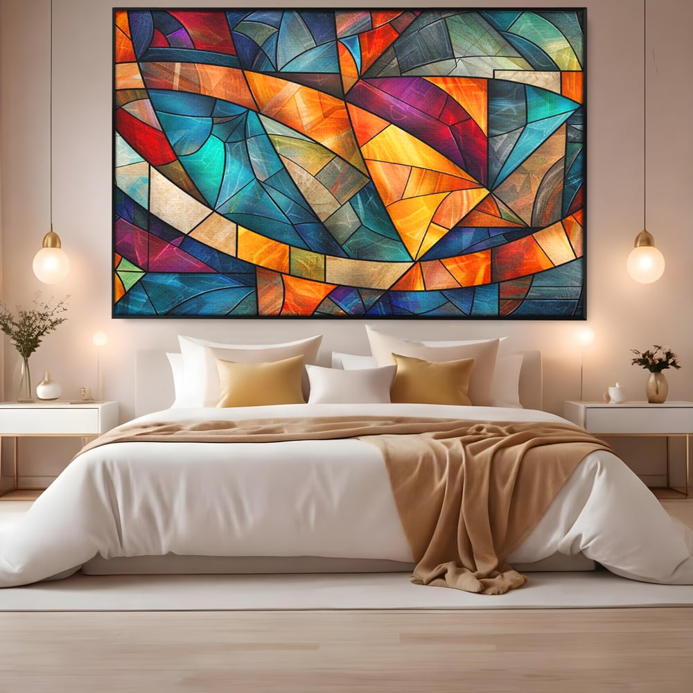 Canvas Wall Art Premium, LuxCanva® C1287, Interieur Glasmalerei, Geometrie, Farben, abstrakt, Mosaik, Glasmalerei, flüssig, Licht, Bogen, Welle, transparent, Harmonie, ausdrucksstark, fließen, Büro, Wohnen, Schlafzimmer