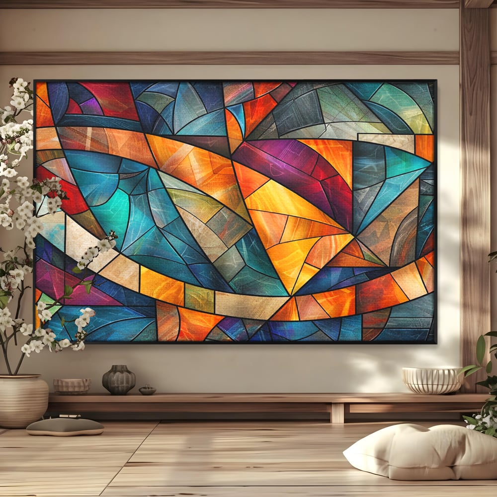 Canvas Wall Art Premium, LuxCanva® C1287, Interieur Glasmalerei, Geometrie, Farben, abstrakt, Mosaik, Glasmalerei, flüssig, Licht, Bogen, Welle, transparent, Harmonie, ausdrucksstark, fließen, Büro, Wohnen, Schlafzimmer